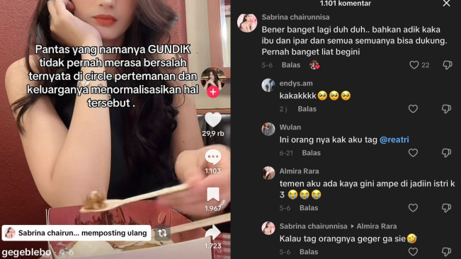 Sabrina Chairunnisa repost masalah orang ke-3. (TikTok)